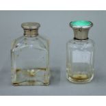 A green enamel and silver top scent bottle, together with another silver top scent bottle.