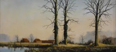 MICHAEL MORRIS (1938-2010), A Sussex Farm, oil on canvas, signed, framed. 75 x 35 cm.