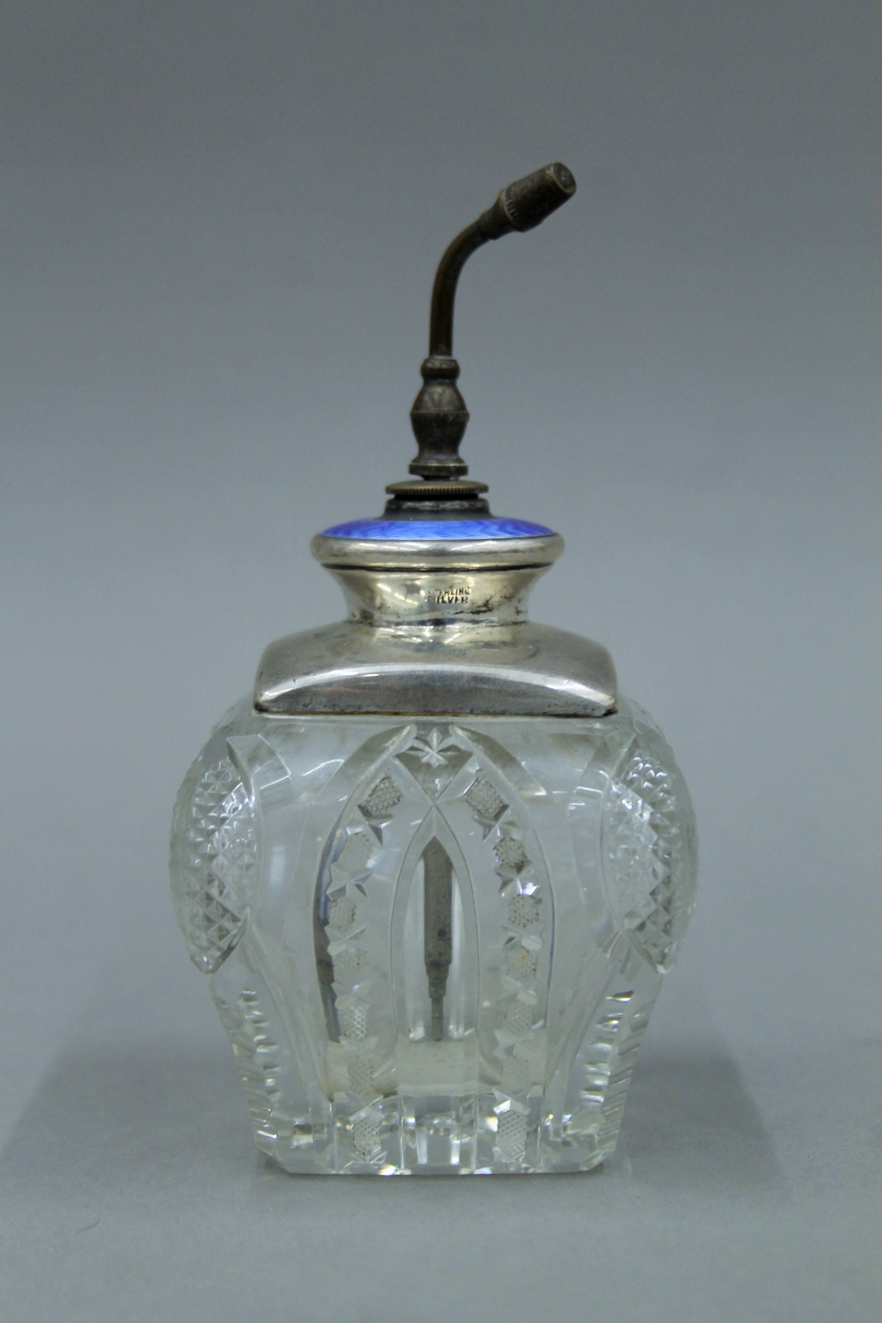 A sterling silver and blue enamel top cut glass atomiser. 15 cm high overall. - Image 2 of 5