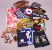 A collection of various military cloth badges.