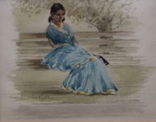 ARCHIBALD LITTLE, Seated Indian Lady, watercolour, framed and glazed. 18 x 14 cm.