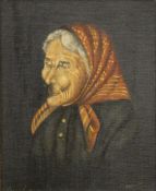 A Portrait of an Elderly Woman, oil on board, framed, together with a small framed porcelain plaque.