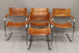 A set of four Matteo Grassi Italian Bauhaus MG5 style steel and tan leather cantilever chairs.