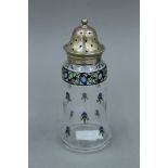 A silver hand painted sugar sifter, hallmarked for 1947. 17 cm high.