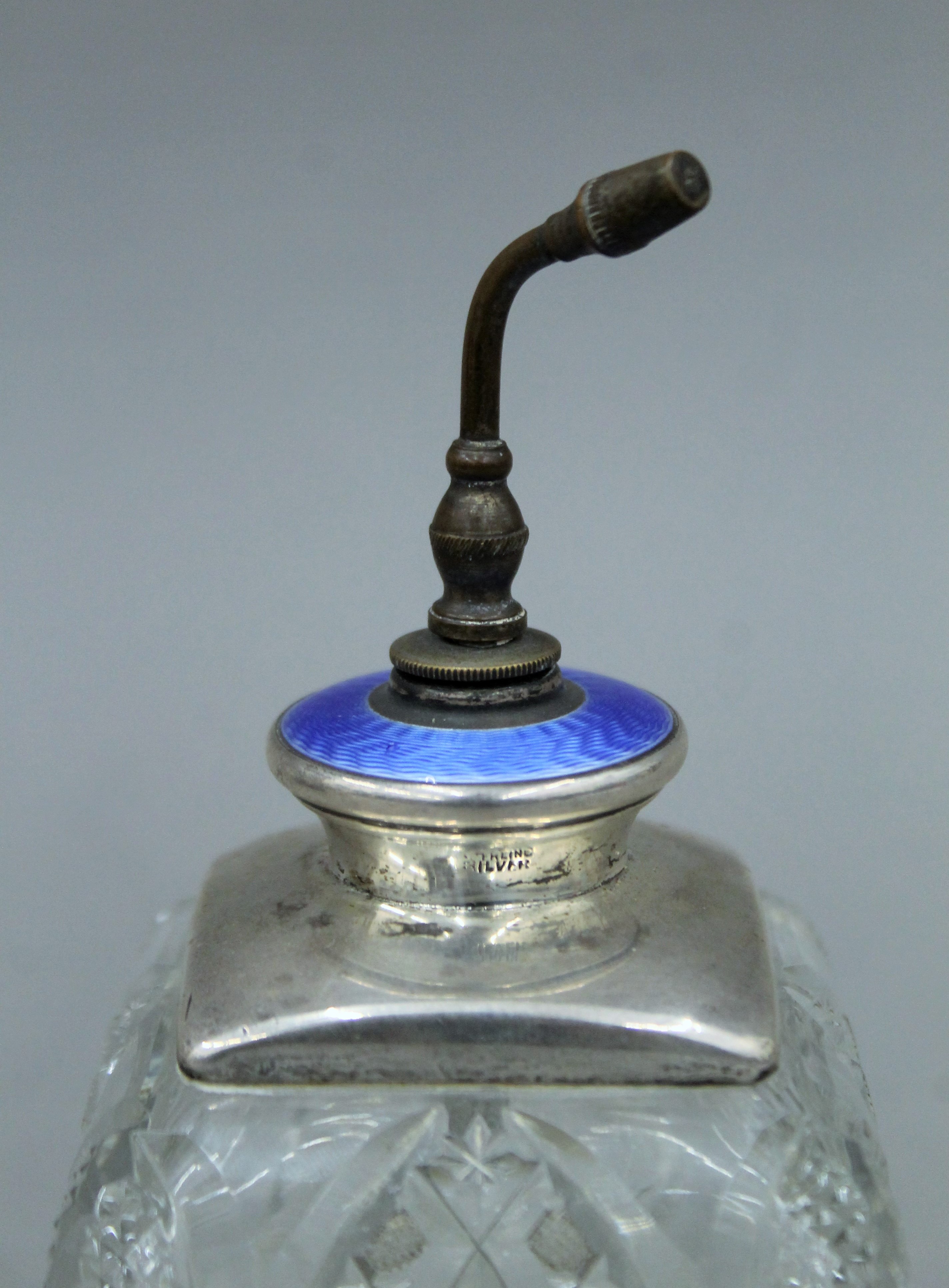 A sterling silver and blue enamel top cut glass atomiser. 15 cm high overall. - Image 3 of 5