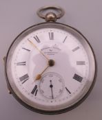 A silver pocket watch by A Yewdall of Leeds. 5.5 cm diameter.