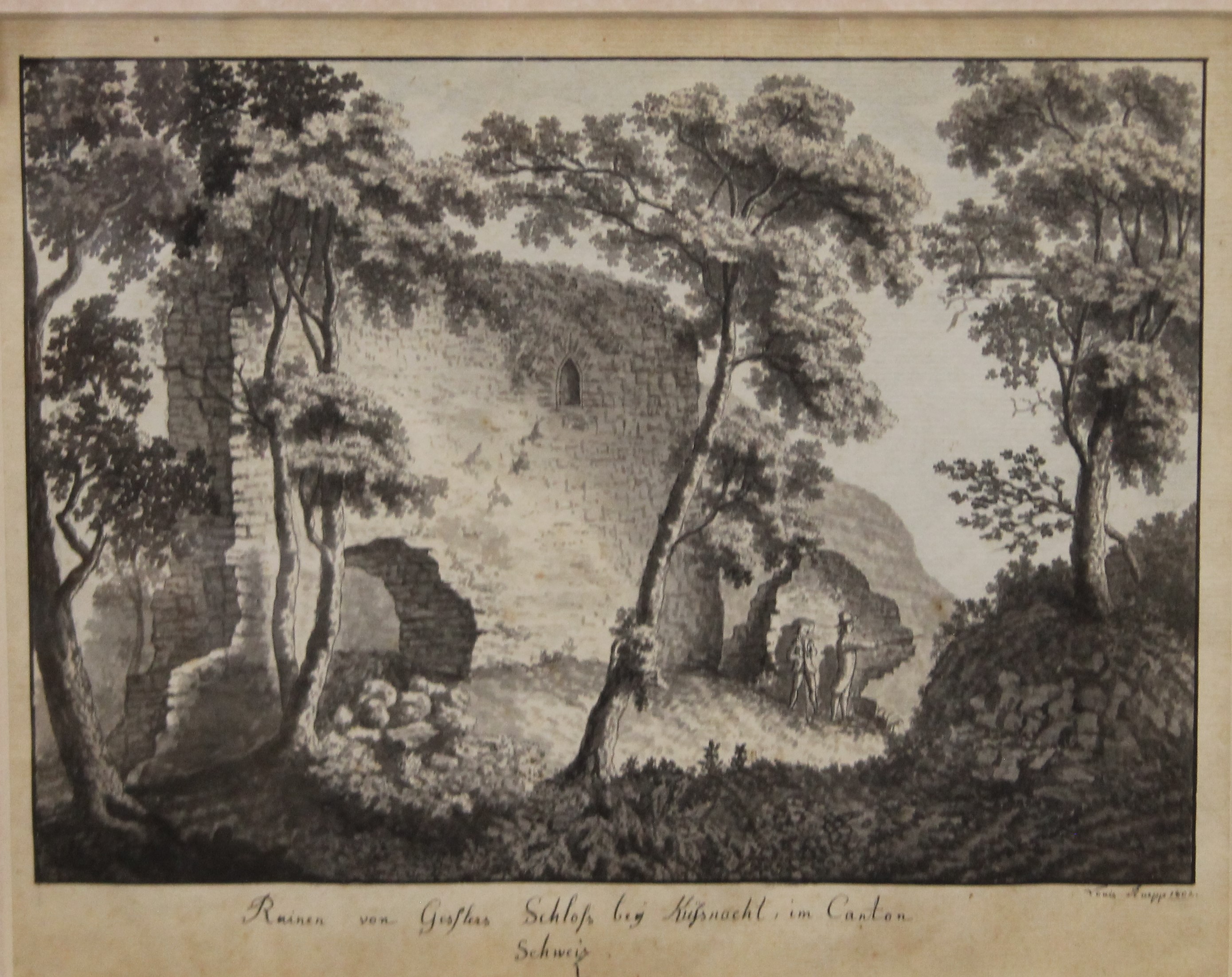 Continental Castle Ruins, pen and ink, signed to the margin Louis Ruepp and dated 1802,
