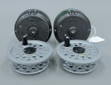 A pair of Shakespeare Beaulite trout fly reels with line and spare spools.