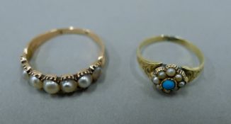 Two antique gold and seed pearl rings. Ring sizes: left hand side is R/S, right hand side is I.