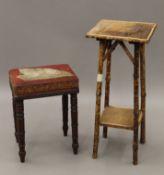 A bamboo jardiniere stand and a 19th century mahogany stool. The former 66 cm high.