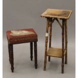 A bamboo jardiniere stand and a 19th century mahogany stool. The former 66 cm high.