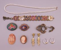 A quantity of miscellaneous jewellery, including micro-mosaic brooches, cameos, earrings etc.