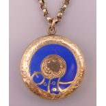 A 9 ct gold enamel pendant locket, the front decorated with a buckle, on a 9 ct gold chain.