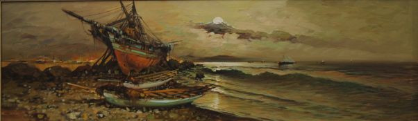 DENIS BARNHAM (1920-1981), A Panoramic View of Fishing Boats on a Shoreline, oil on canvas,