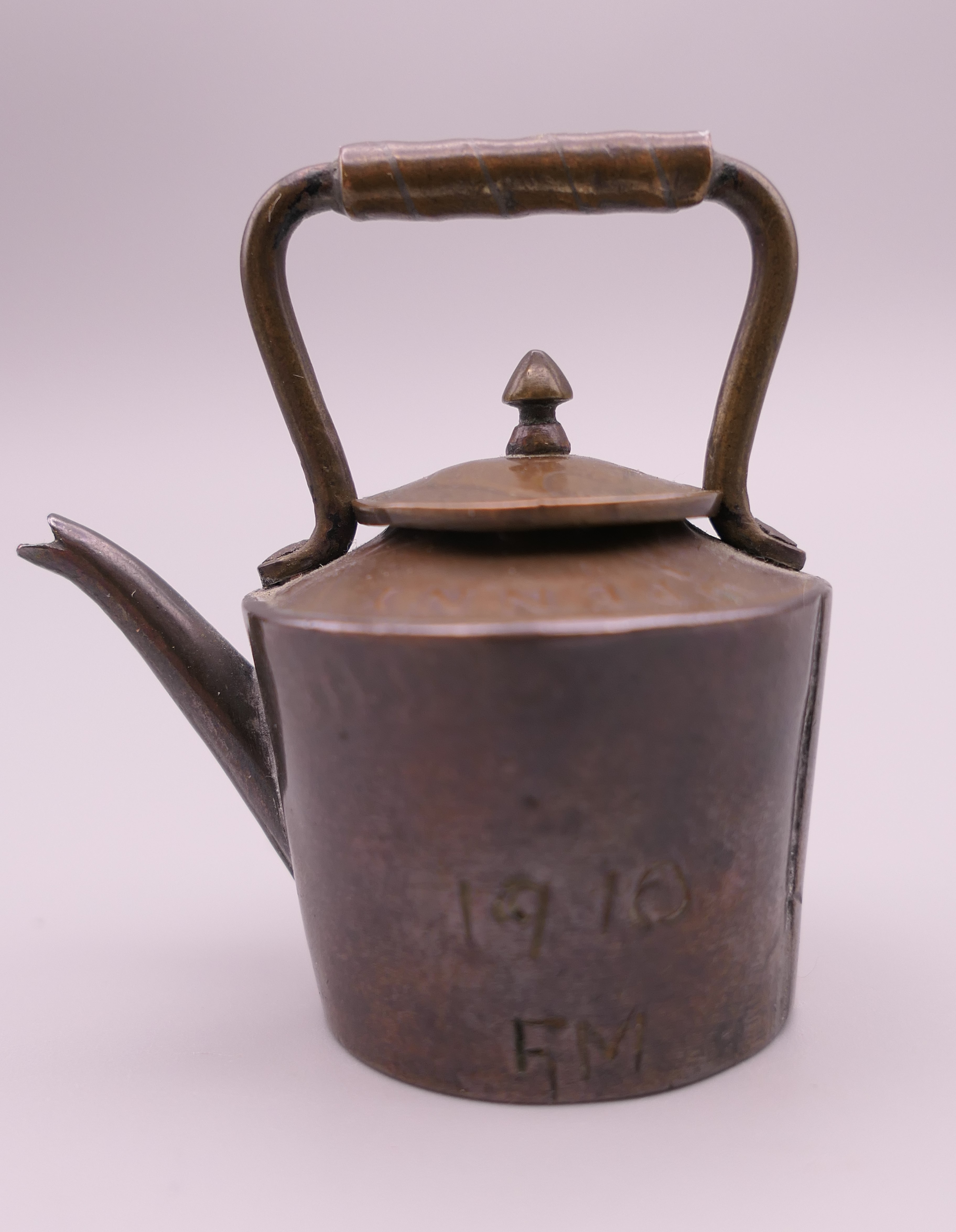A doll's house copper kettle, made from old copper coins. 5 cm high. - Image 2 of 4