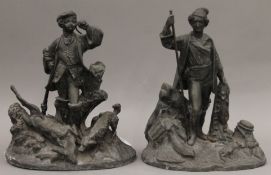 Two 19th century spelter figures of huntsmen. 25 cm high.