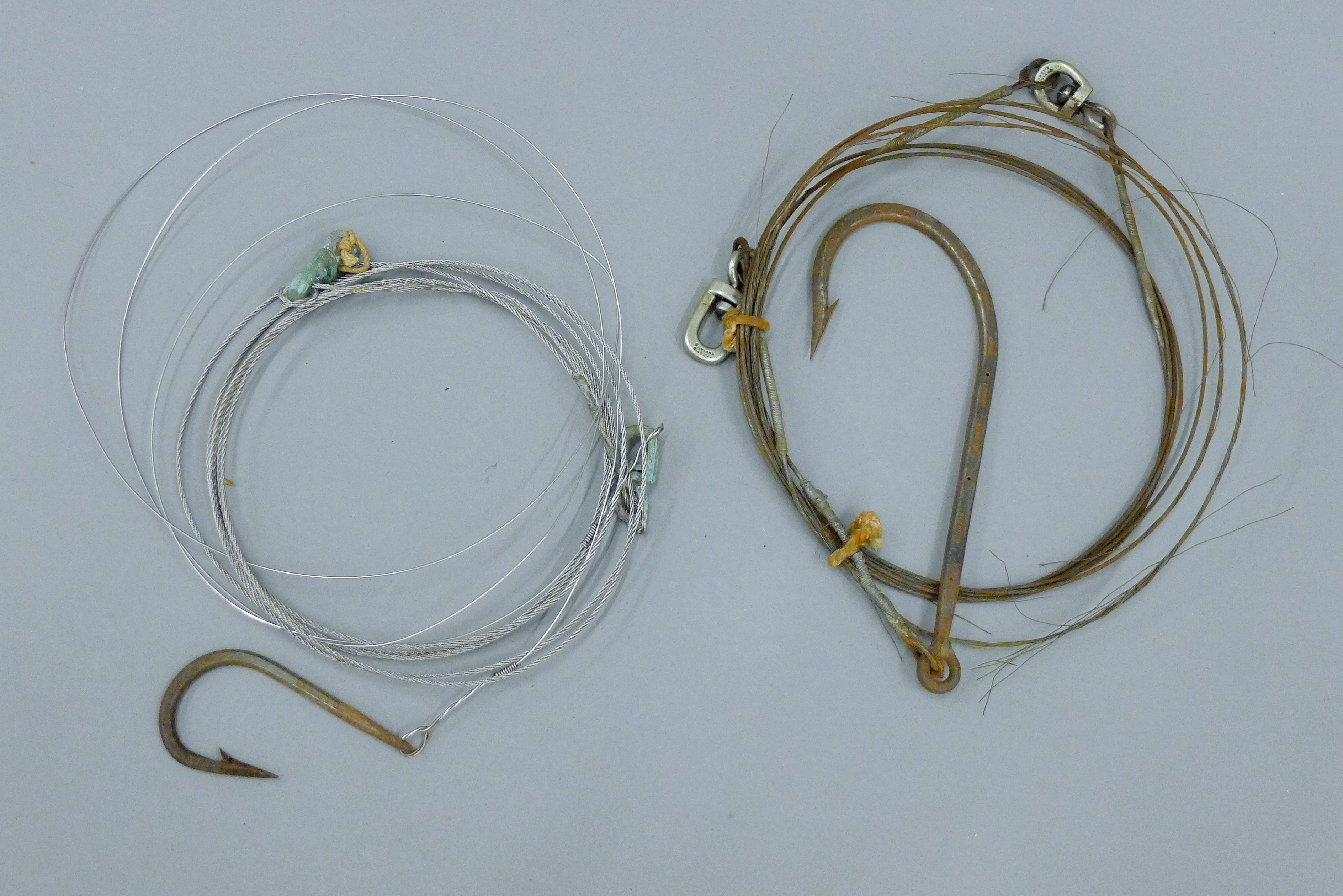 Two Hardy Brothers big game deep sea wire traces, one with named Hardy swivels.
