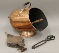 A Victorian copper coal scuttle and shovel, etc.