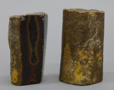 Two fossilized wood specimens. The largest 6.75 cm high.