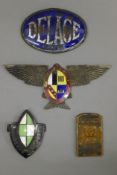 Four car badges; Delage, Willys Overland Whippet 4, Wanderer and Automobile Club Moselle.