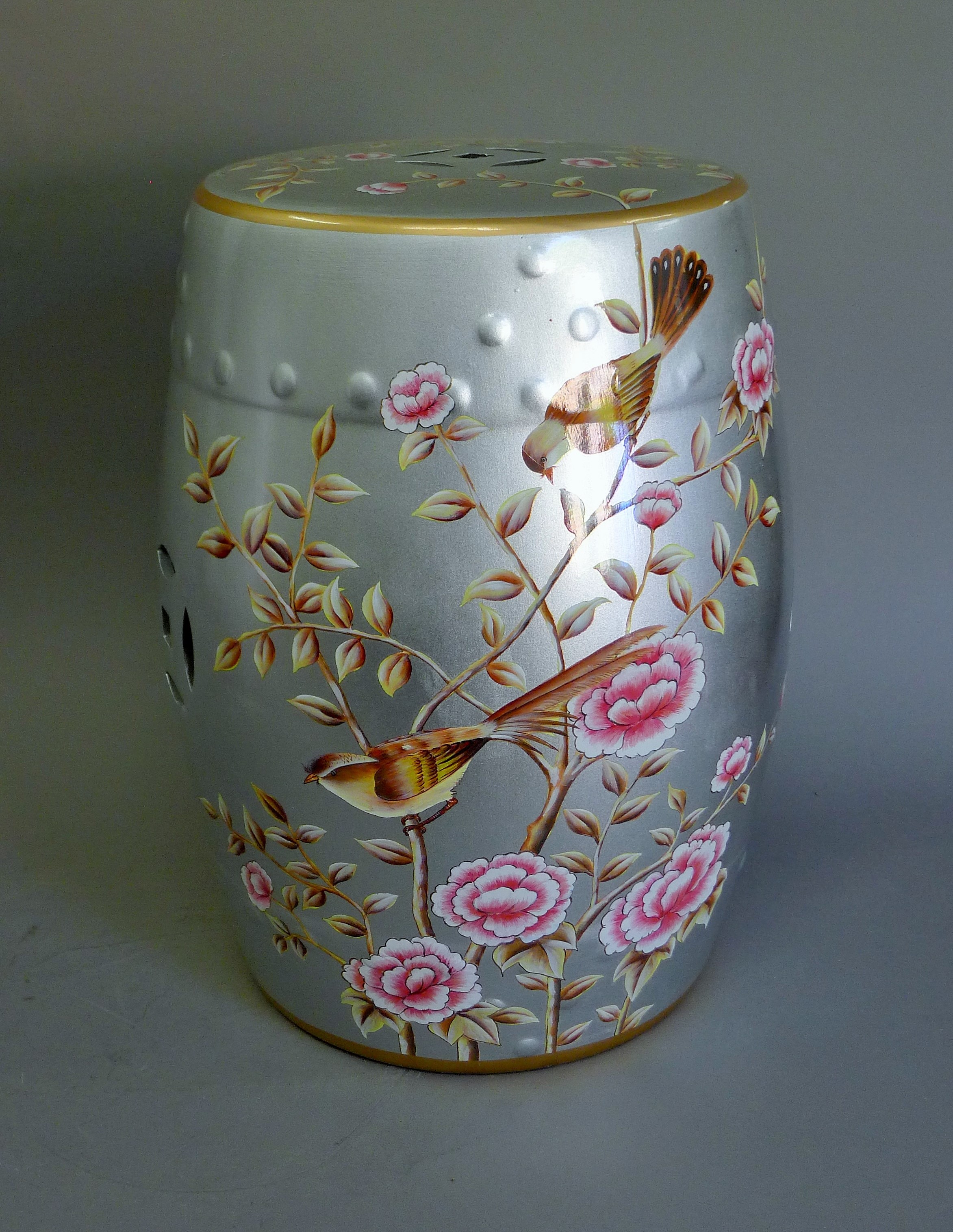 A pair of silvered barrel stools decorated with birds. 45 cm high. - Image 2 of 4