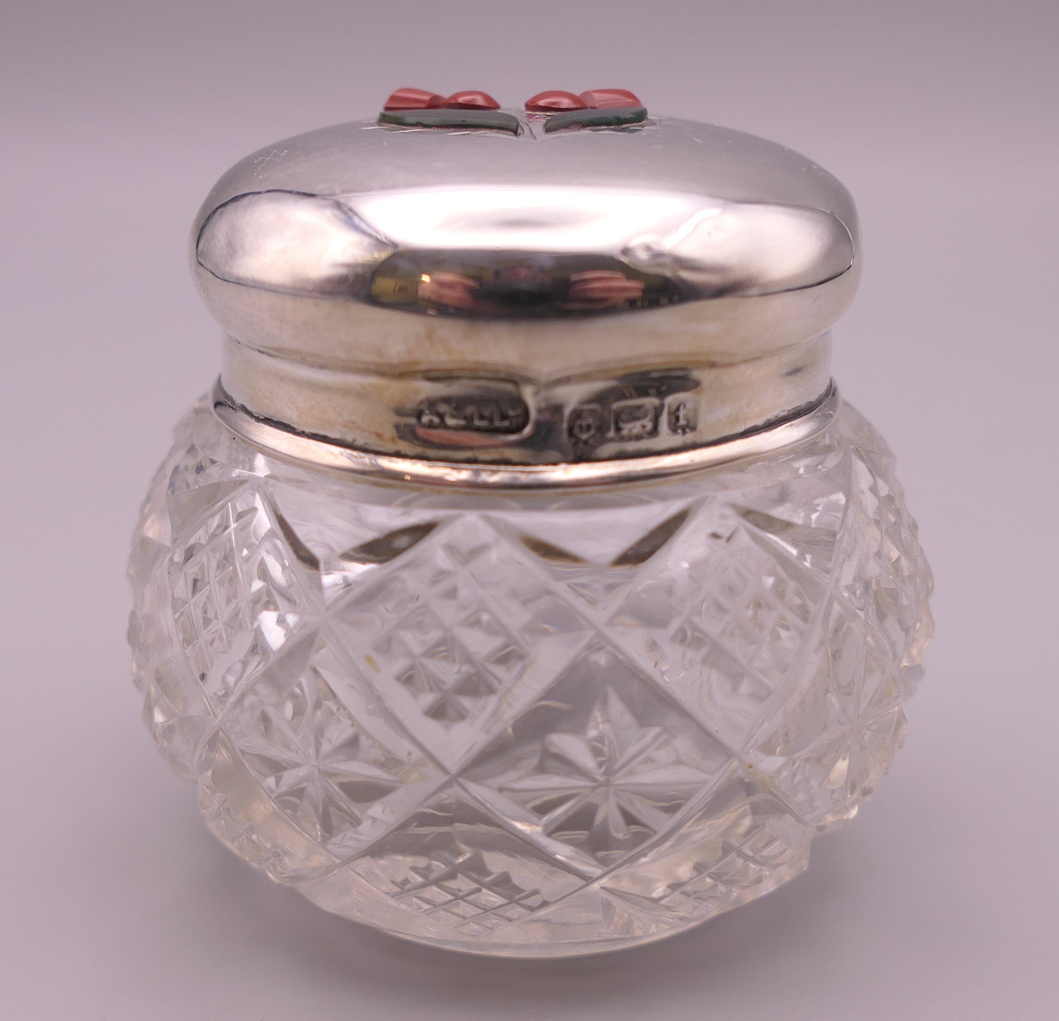A hardstone inset thistle motif silver topped glass jar. 5 cm high. - Image 2 of 7