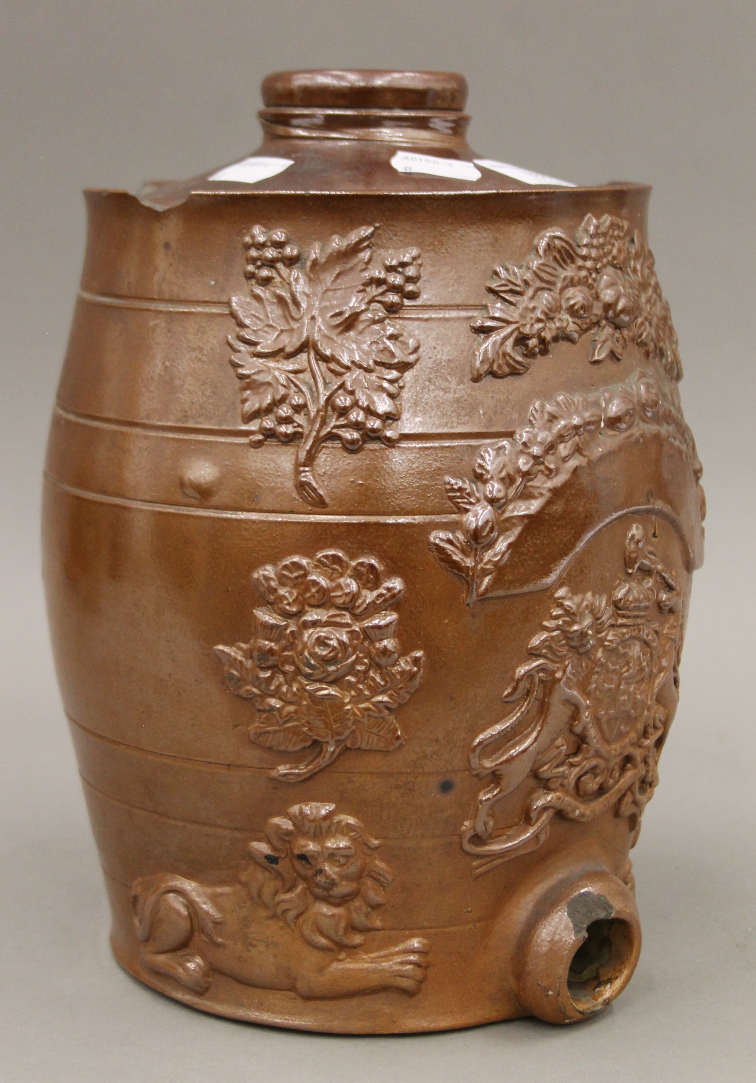 A Victorian pottery spirit barrel. 26 cm high. - Image 4 of 5