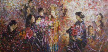A Traditional Chinese Wedding, oil on board, indistinctly signed and dated '96, framed. 121 x 60 cm.