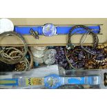 A box of costume jewellery, watches, etc.