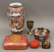 A large Kashmiri papier mache box, Oriental ceramics, a Persian brass goblet, etc.