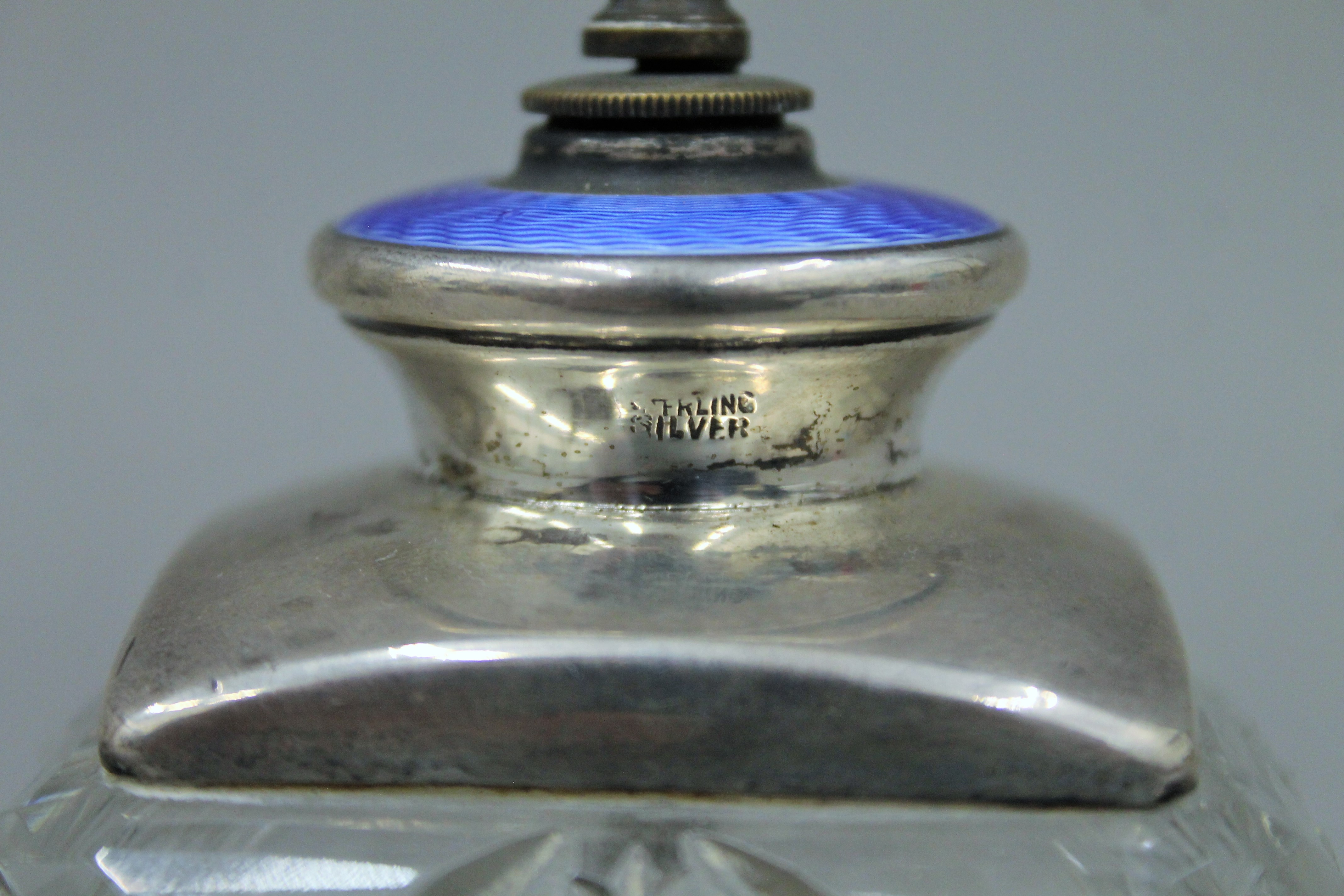 A sterling silver and blue enamel top cut glass atomiser. 15 cm high overall. - Image 4 of 5