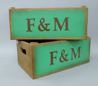 A pair of wooden F&M boxes. 43.5 cm long.