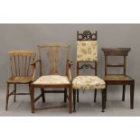 A 19th century mahogany open arm chair and three other various chairs. The former 62 cm wide.