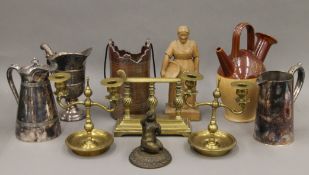 A quantity of various metalware and pottery, including a Doulton ewer, etc.