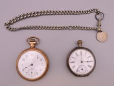 A gold plated pocket watch and a silver plated pocket watch and chain.