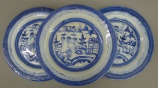 Three 18th century Chinese blue and white porcelain plates. Each approximately 22 cm diameter.