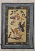 A Persian silk painting of birds. 18 x 25 cm overall.