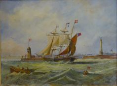 Ship Leaving Port, oil on canvas, indistinctly initialled N.E.S, framed. 40 x 30 cm.
