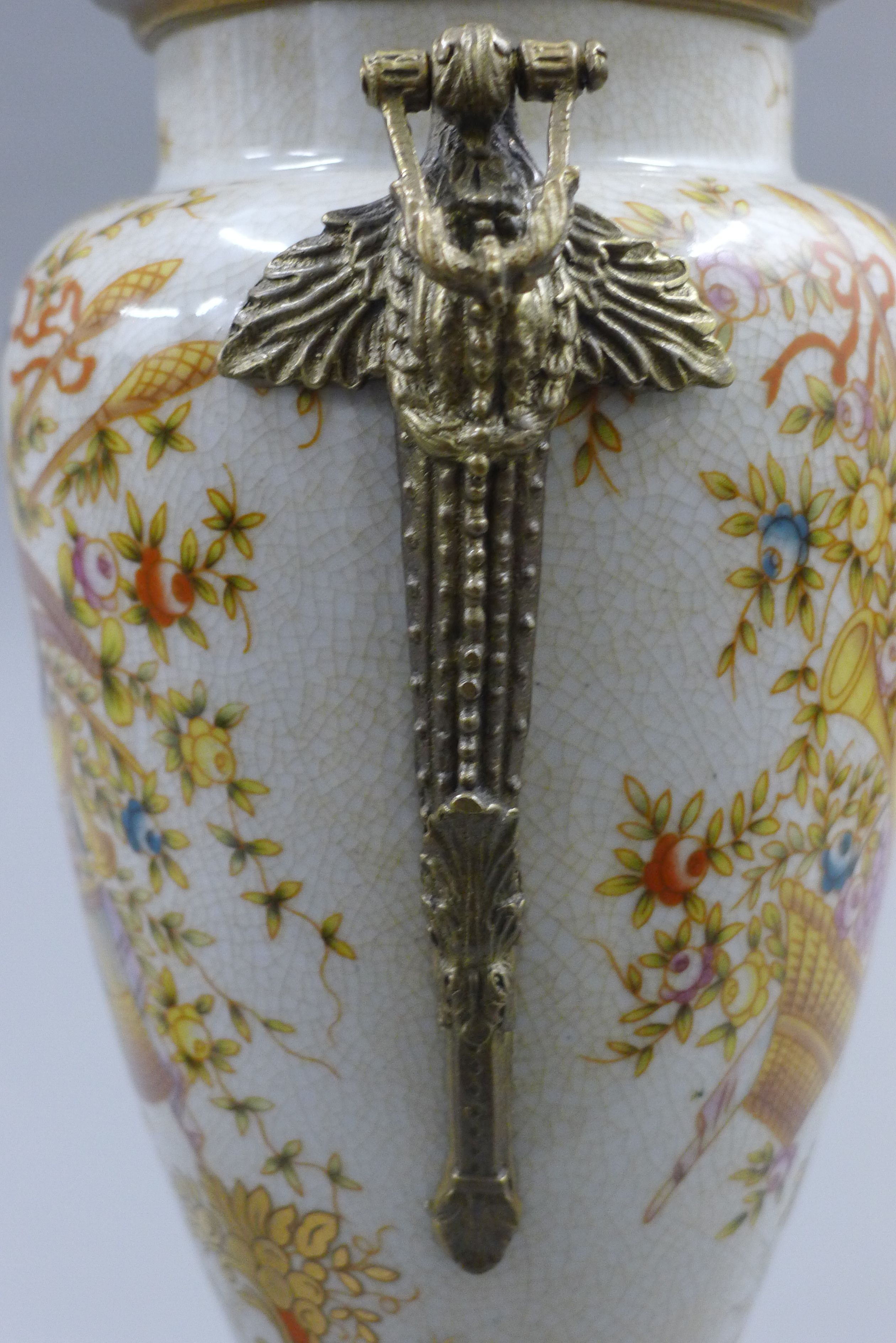 A pair of metal mounted porcelain lidded vases. 37 cm high. - Image 8 of 8