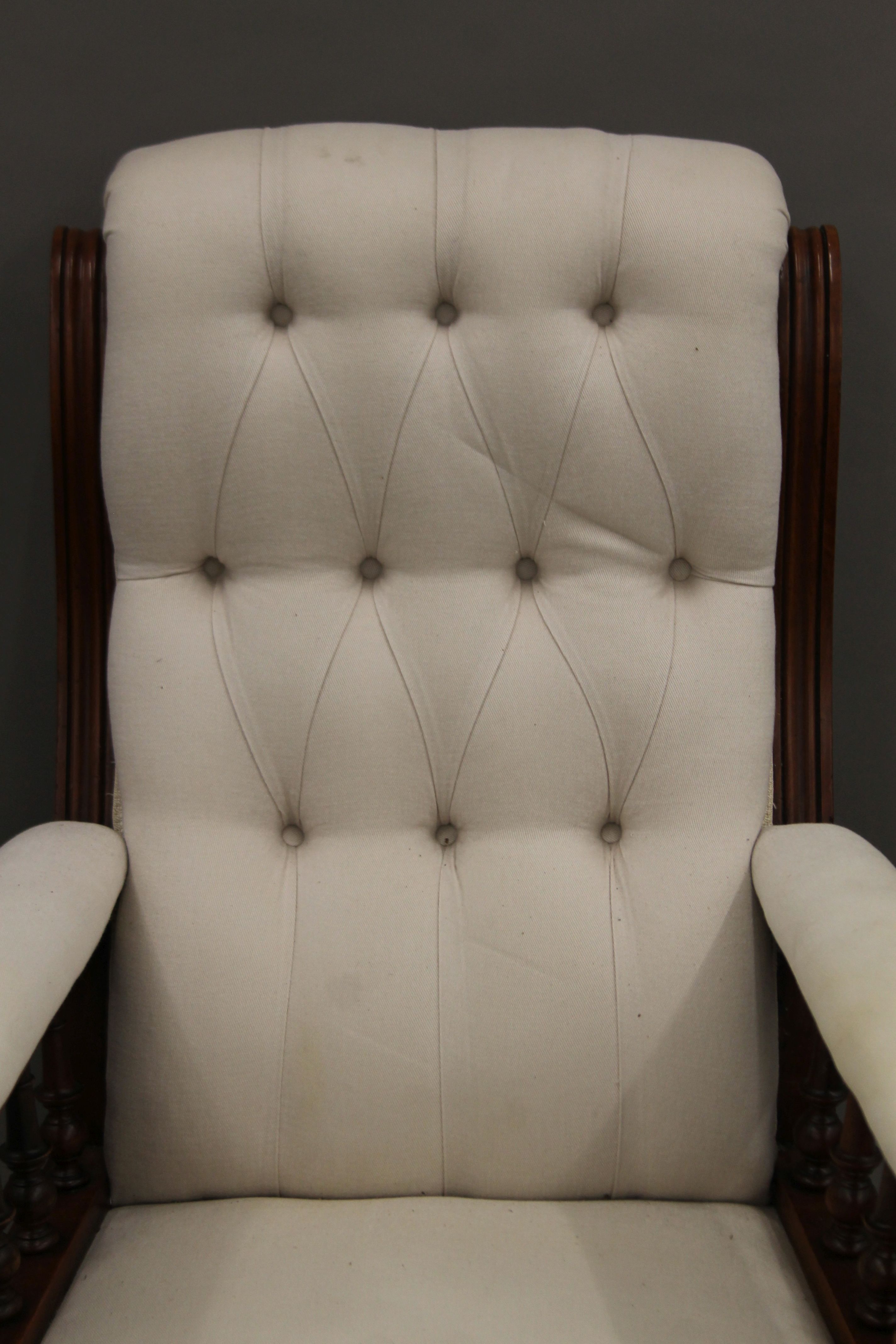 A Victorian upholstered button back walnut open armchair. 69 cm wide. - Image 2 of 5
