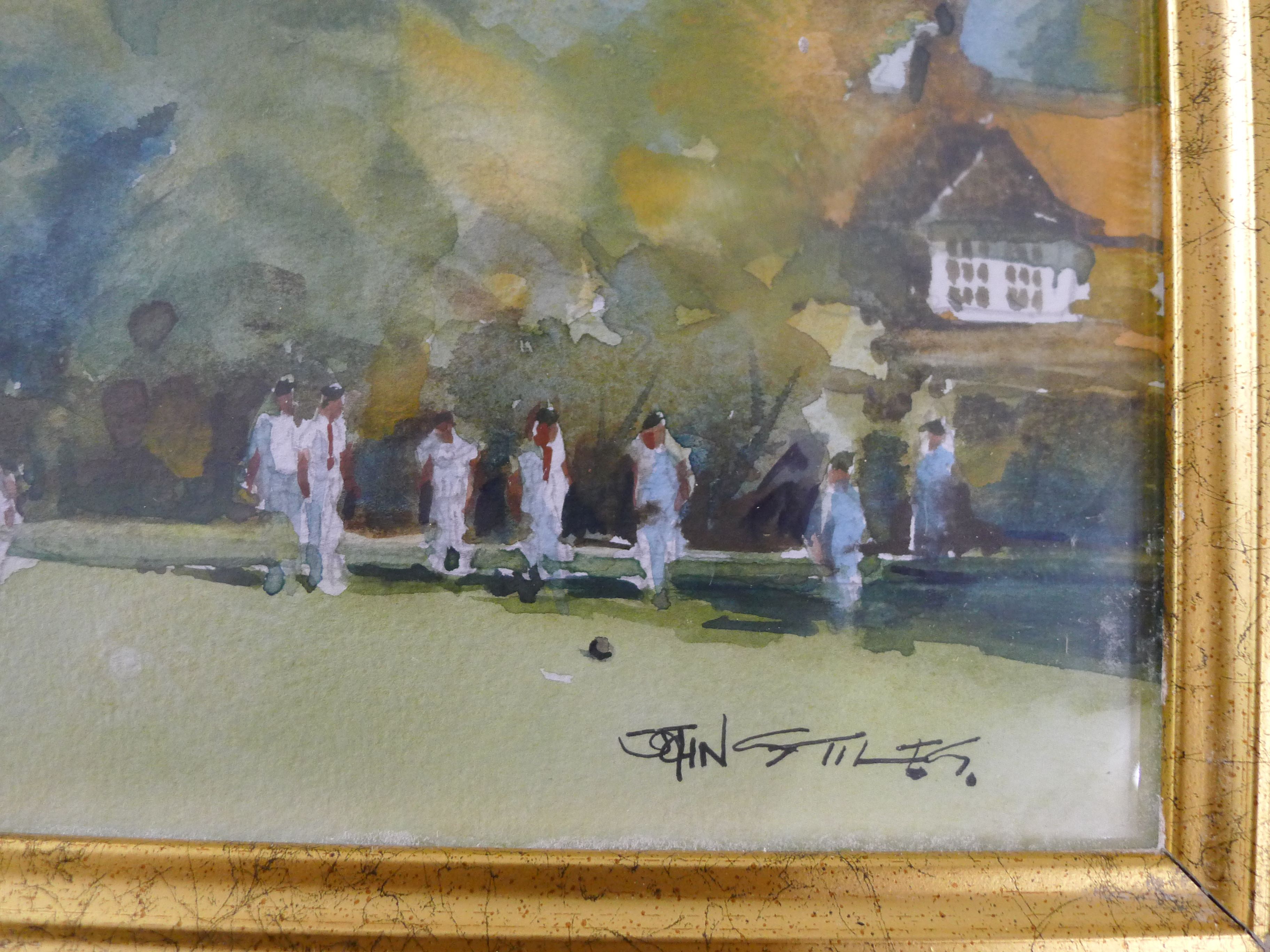 JOHN STILES (born 1939), The Bowling Green, watercolour, framed and glazed. 39 x 29 cm. - Image 2 of 2