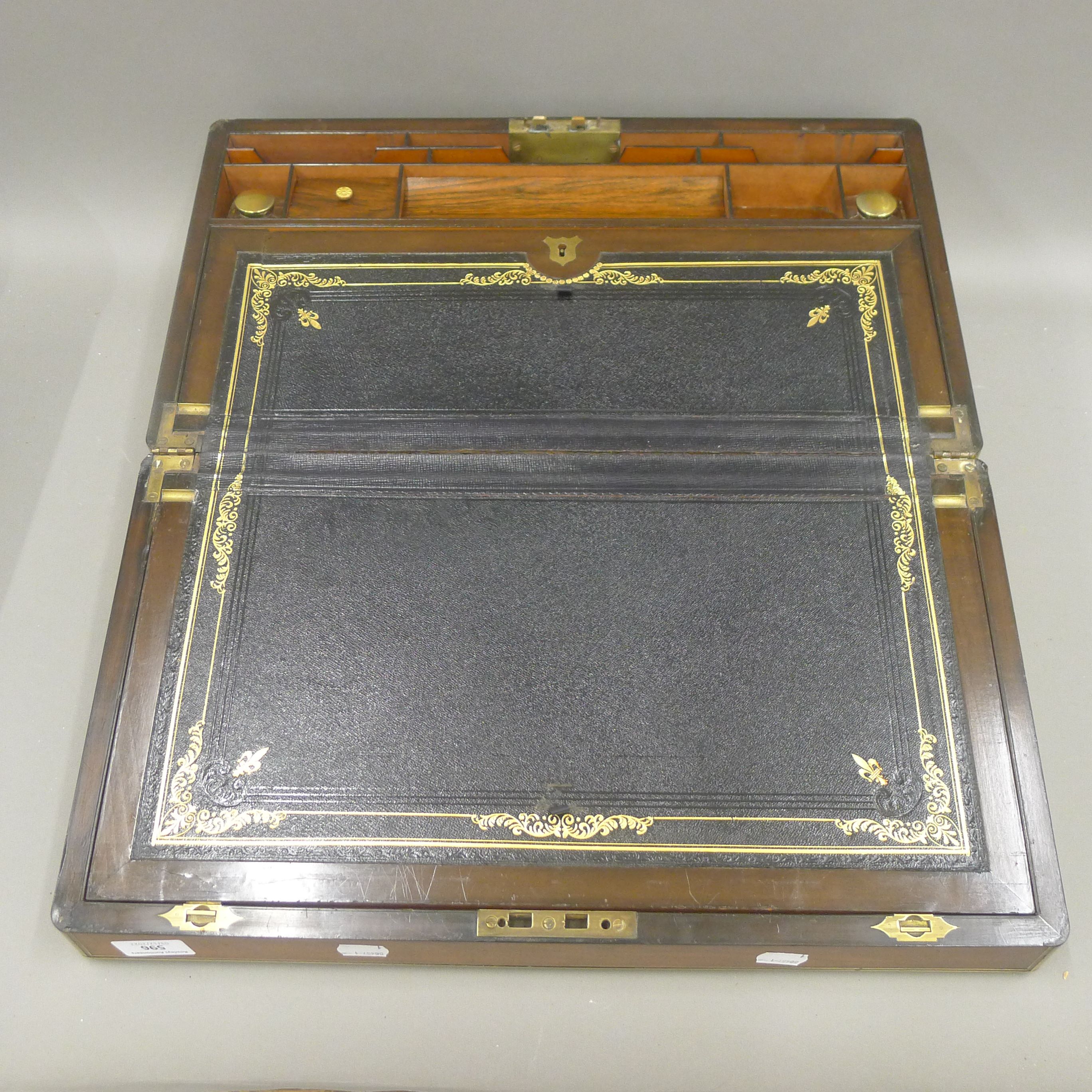 A Victorian brass inlaid walnut writing slope. 50.5 cm wide. - Image 7 of 11