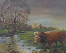 G CLEAVES, Cows before Ely Cathedral, oil on canvas, signed, framed. 50 x 40.5 cm.