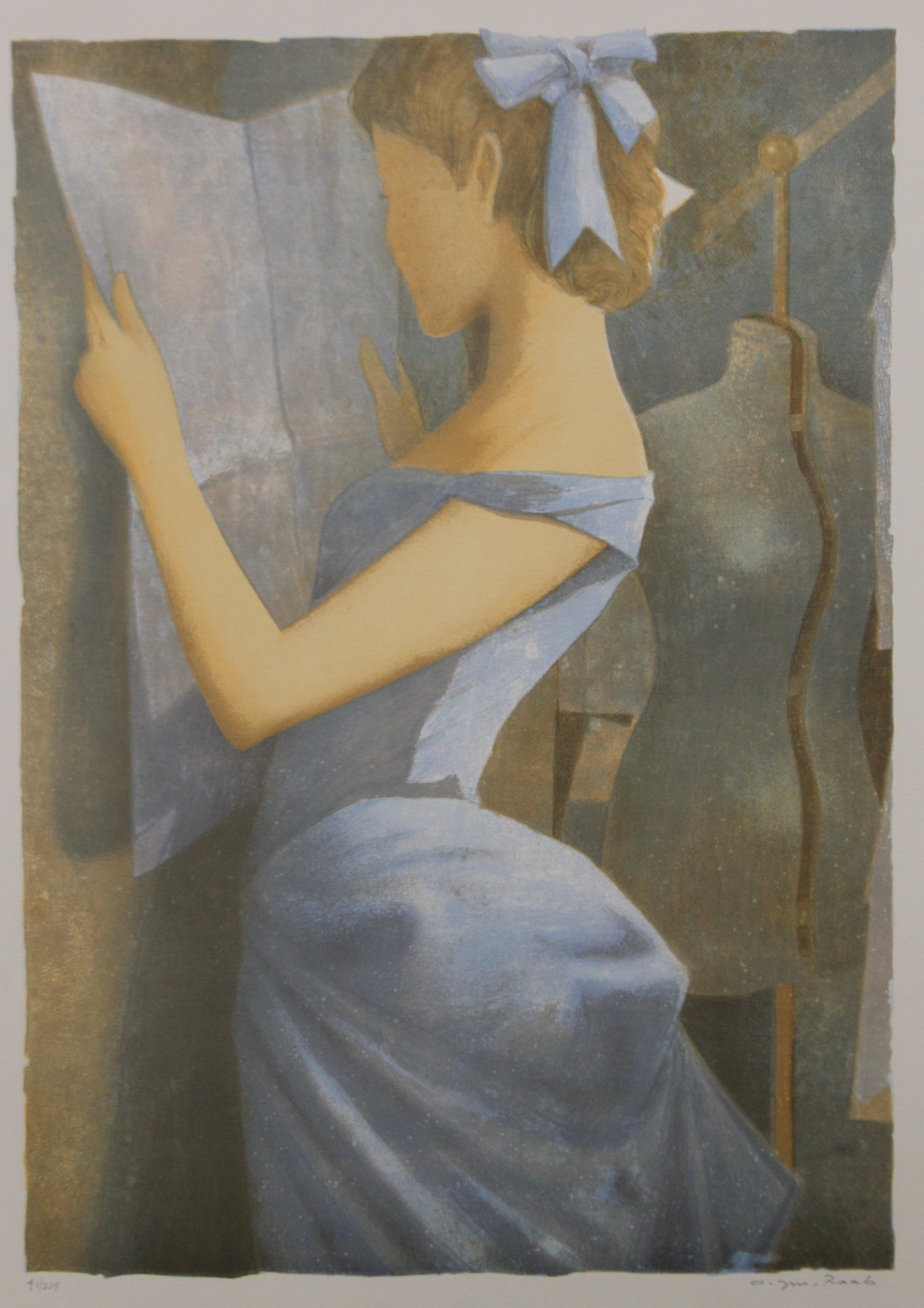 OLIVER RABB (born 1955) French, Standing Female in a Blue Dress Reading, limited edition print,