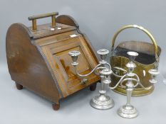 A Victorian walnut coal scuttle, a copper coal bucket and two plated candelabra.