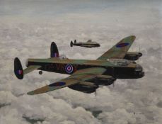 R E GAGE, Lancaster Bombers, oil on board, framed. 46.5 x 36 cm.