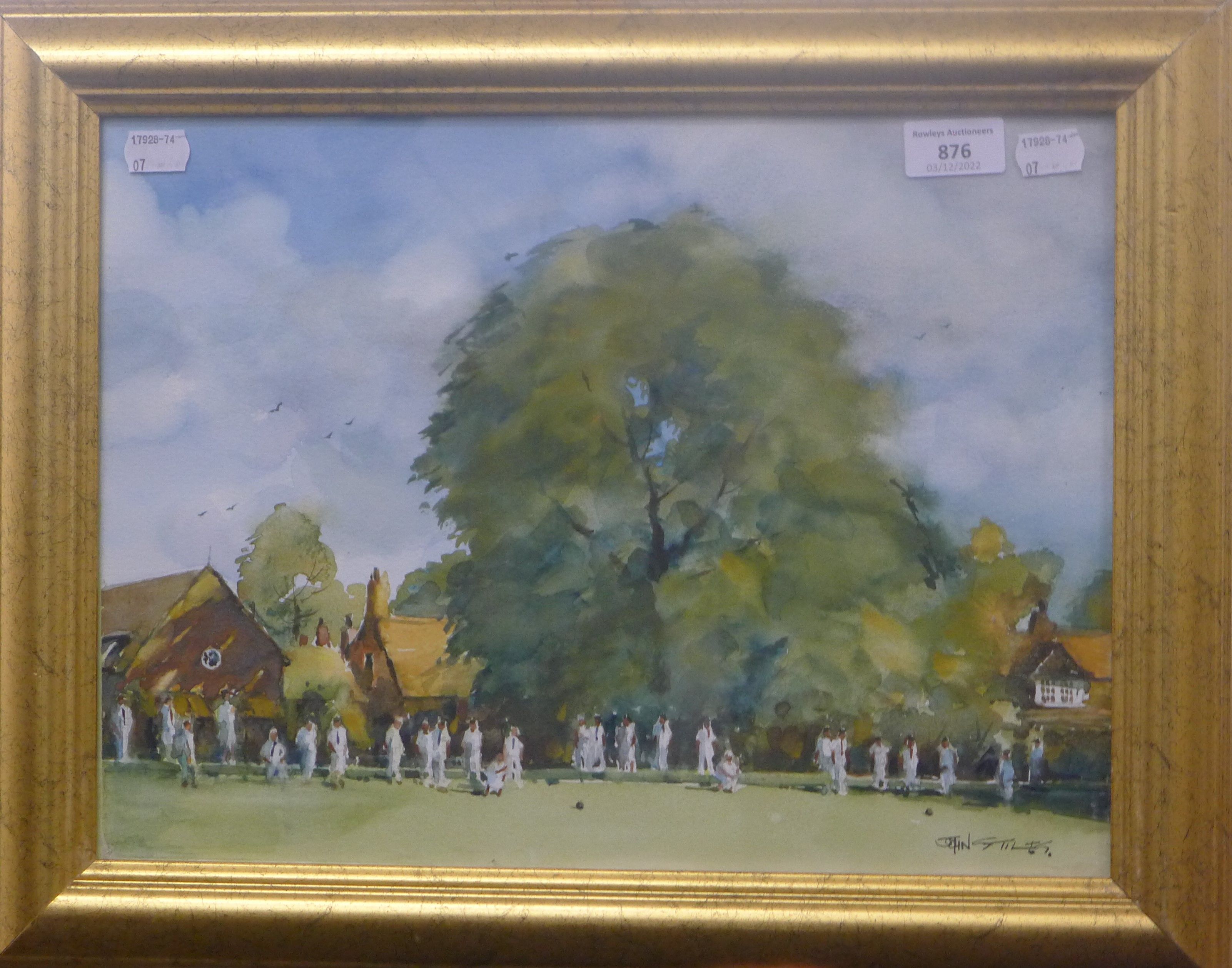 JOHN STILES (born 1939), The Bowling Green, watercolour, framed and glazed. 39 x 29 cm.