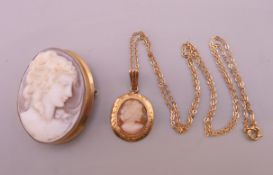 A 9 ct gold mounted cameo pendant on chain and a cameo brooch. Pendant 2 cm high, brooch 3.