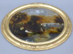 A pair of Victorian reverse glass pictures, each oval framed. 57 cm wide overall.