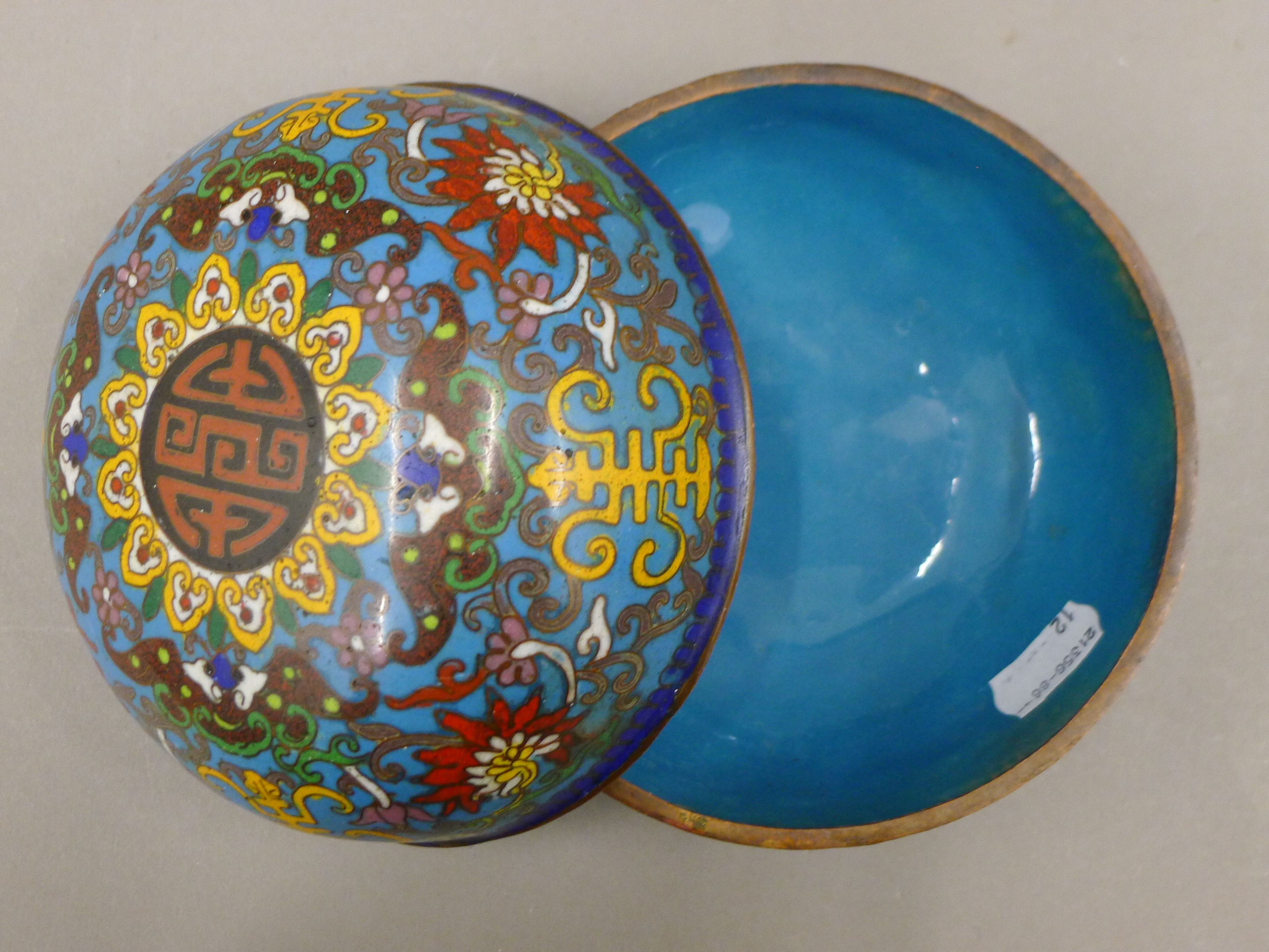 A 19th century Chinese blue ground bun shaped cloisonne box and cover, decorated with symbols, - Image 4 of 6